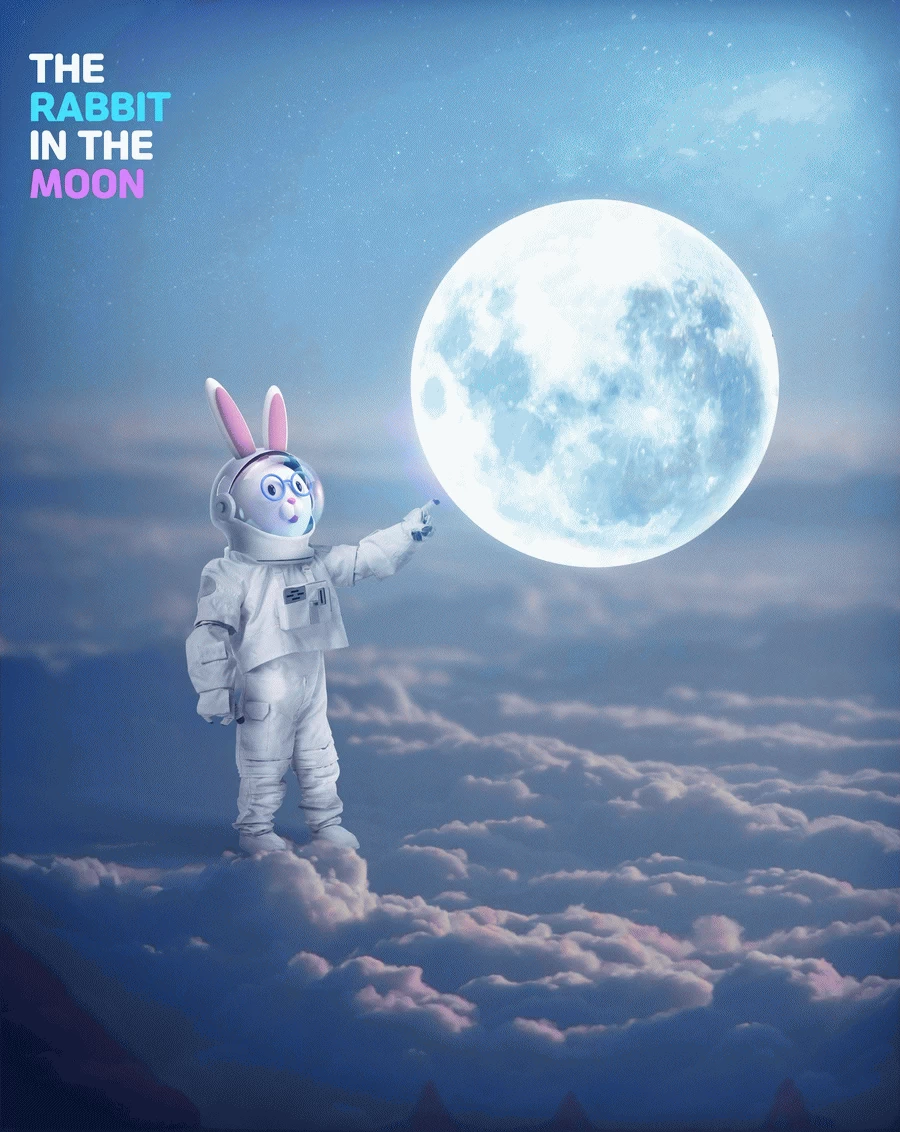 卡通趣味兔年宇航员宇宙星球兔子主视觉KV海报PSD分层设计素材【010】